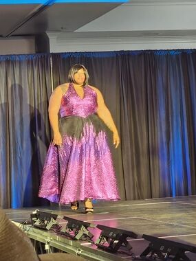 Purple Sequin Halter Evening Dress with Black Tulle Waist